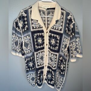 MorseCode Mens Navy and Cream Crochet Pattern Button Up Shirt